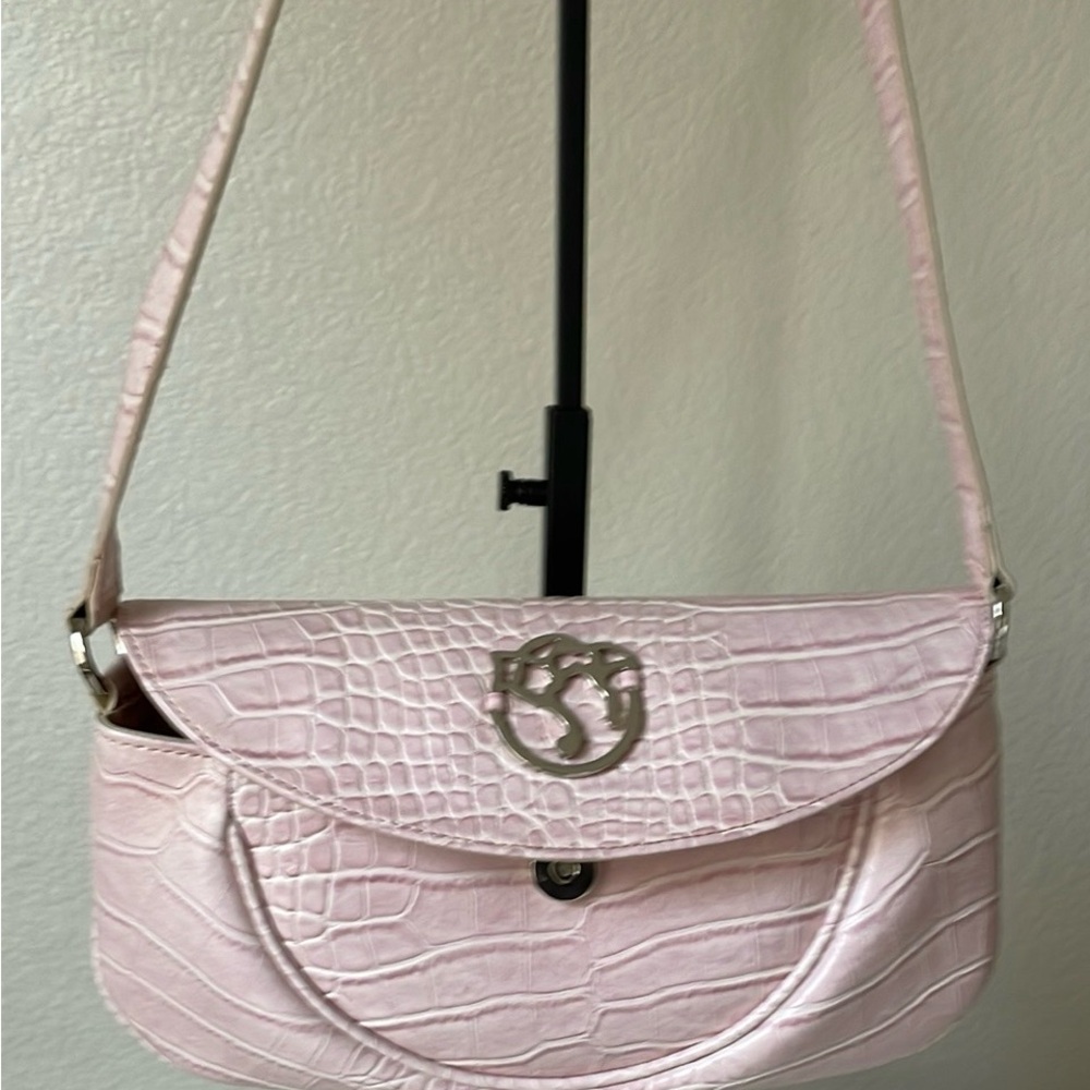 Pink Crocodile-Embossed Shoulder Bag